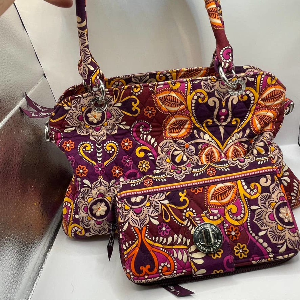 Vera Bradley Two Piece Purse and Wallet Purple Orange Floral Shoulder Bag